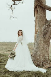 A-line Lace Half Sleeves Backless Vintage Wedding Dresses, Bridal Gown